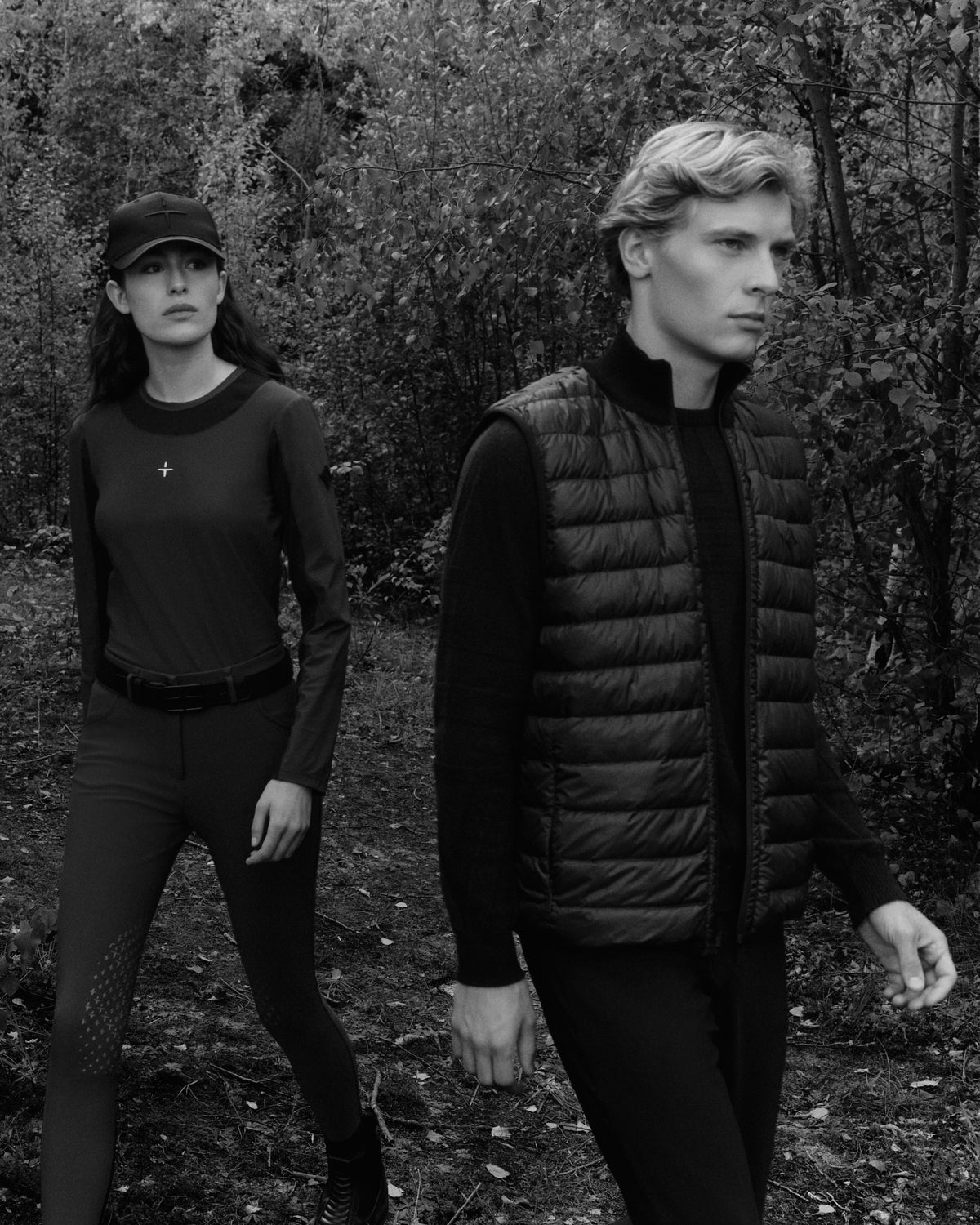 Two models wearing Trolle Projects AW26 layers at Faxe Kalkbrud, photographed in black and white.